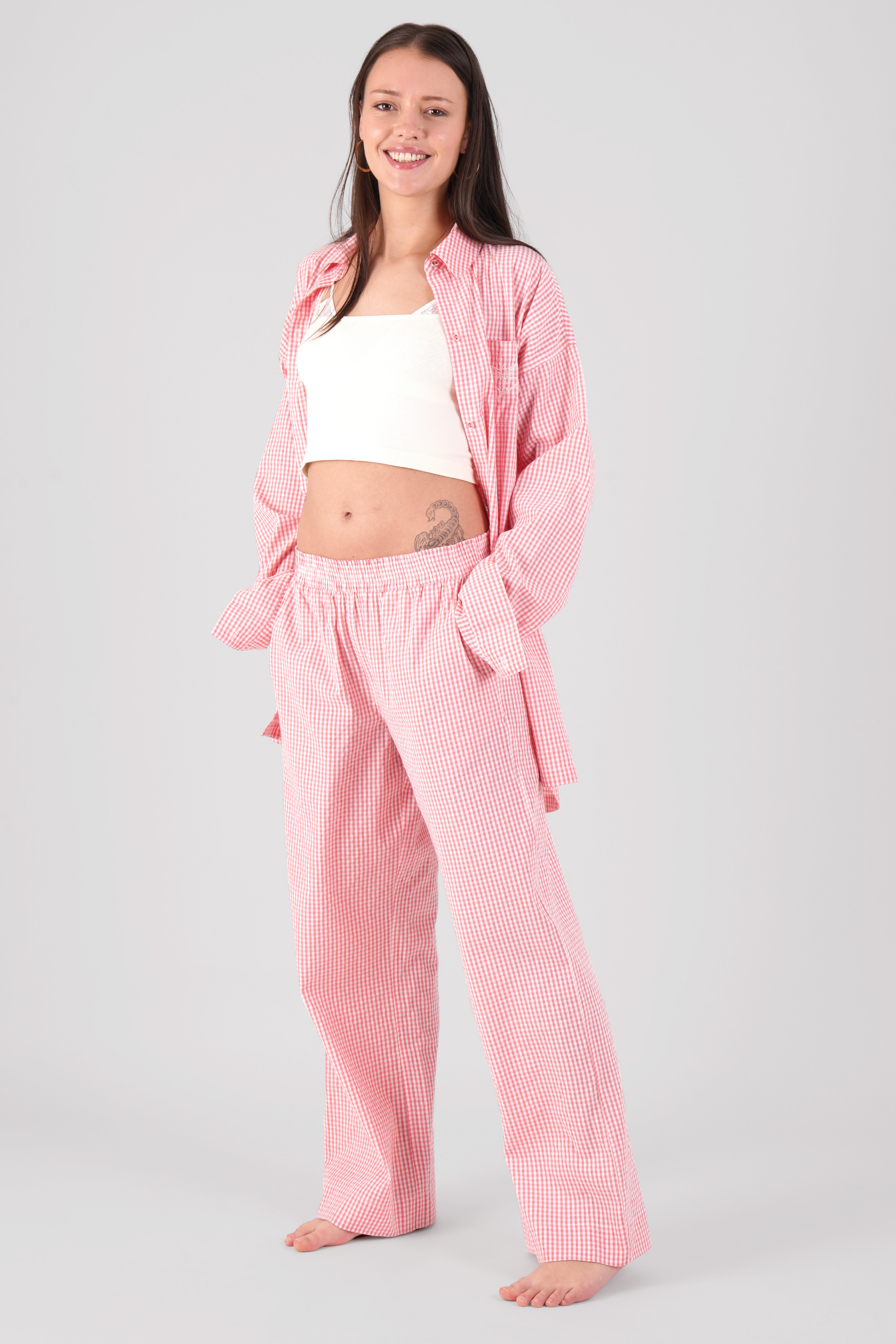 Camellia gingham ethical-cotton pyjama trouser - Sunrise Pink