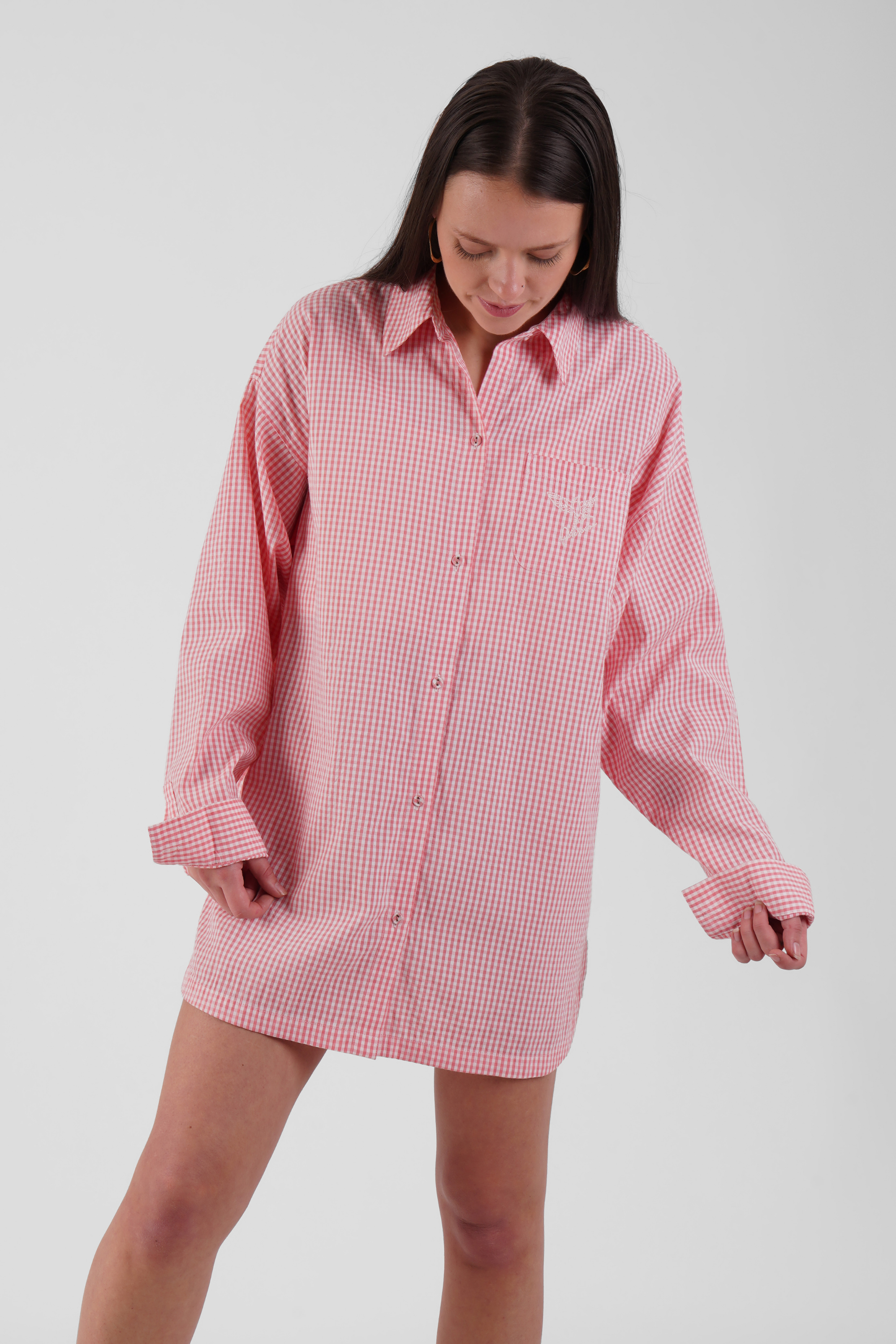 Hiba gingham ethical-cotton long line Shirt - Sunrise Pink