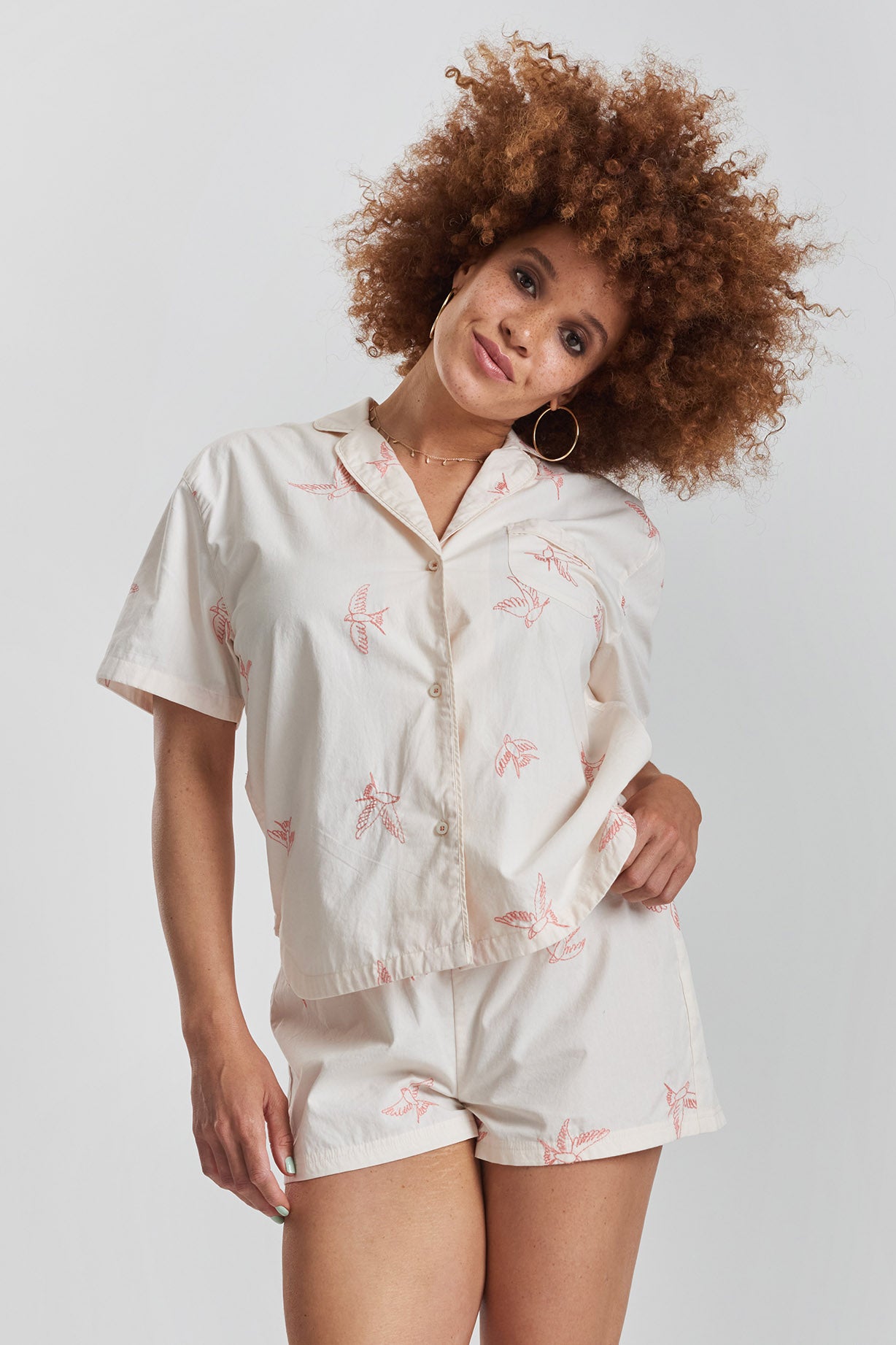 Picea embroidered ethical-cotton pyjama shirt - Shoreline Peach