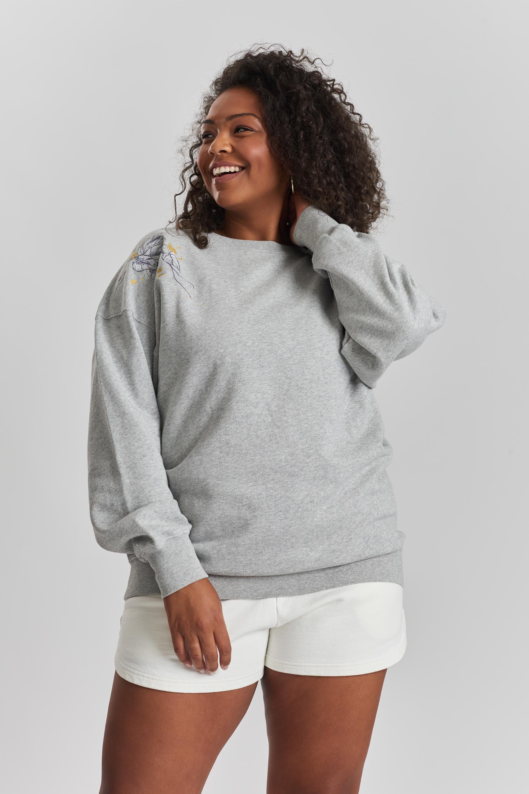 Simia orchid-embroidered ethical-cotton sweatshirt - Mist Marl Grey