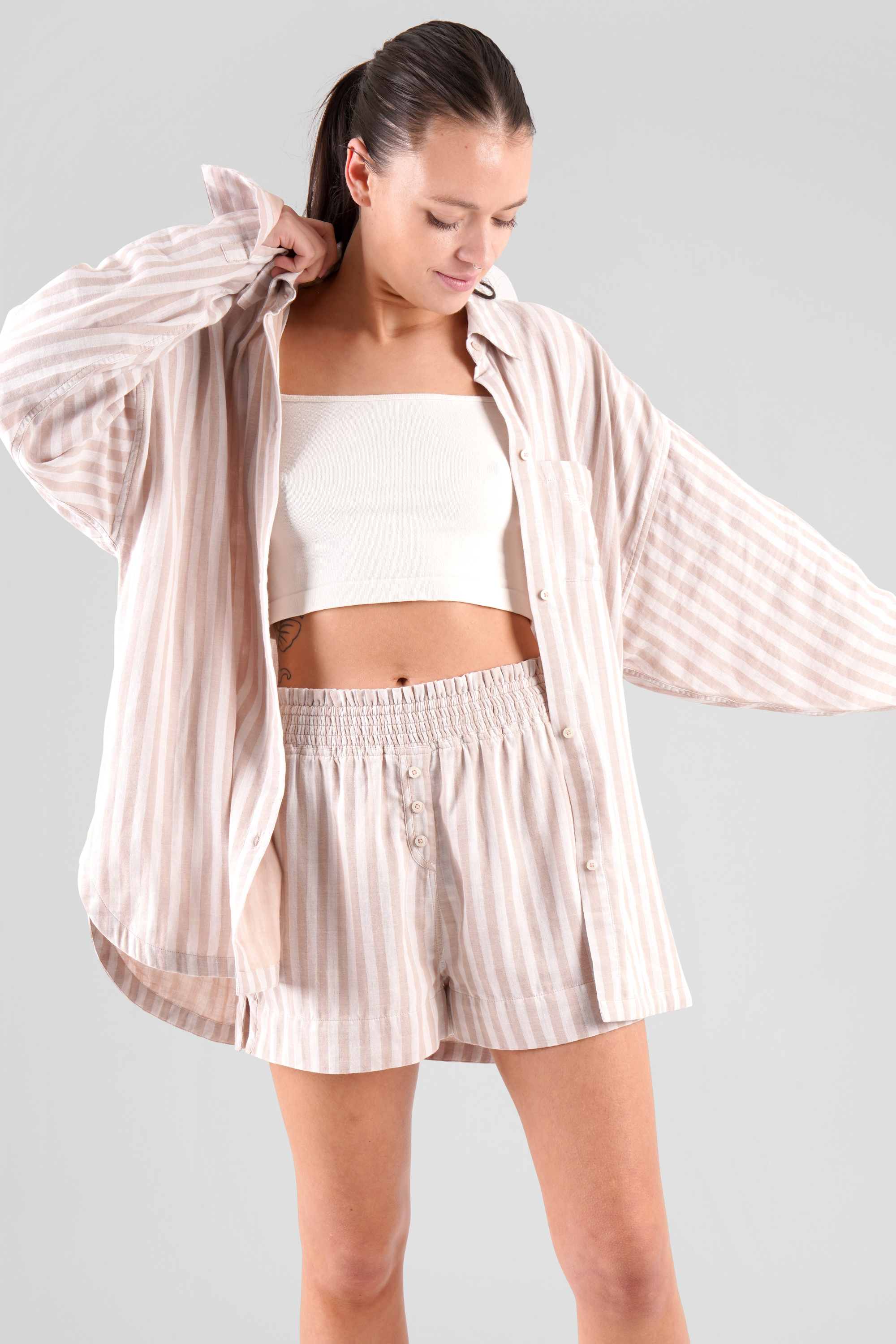 Lomandra striped ethical-cotton pyjama shorts - Golden Glow Beige